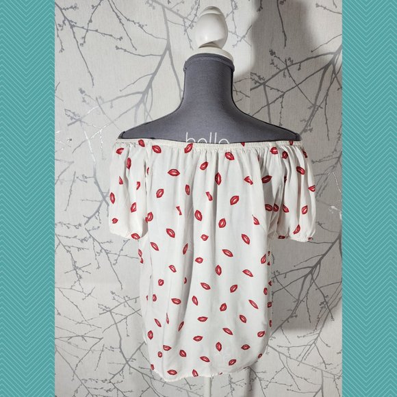 Mandee White Lips Kisses Printed Off Shoulder Blouse - Picture 3 of 4